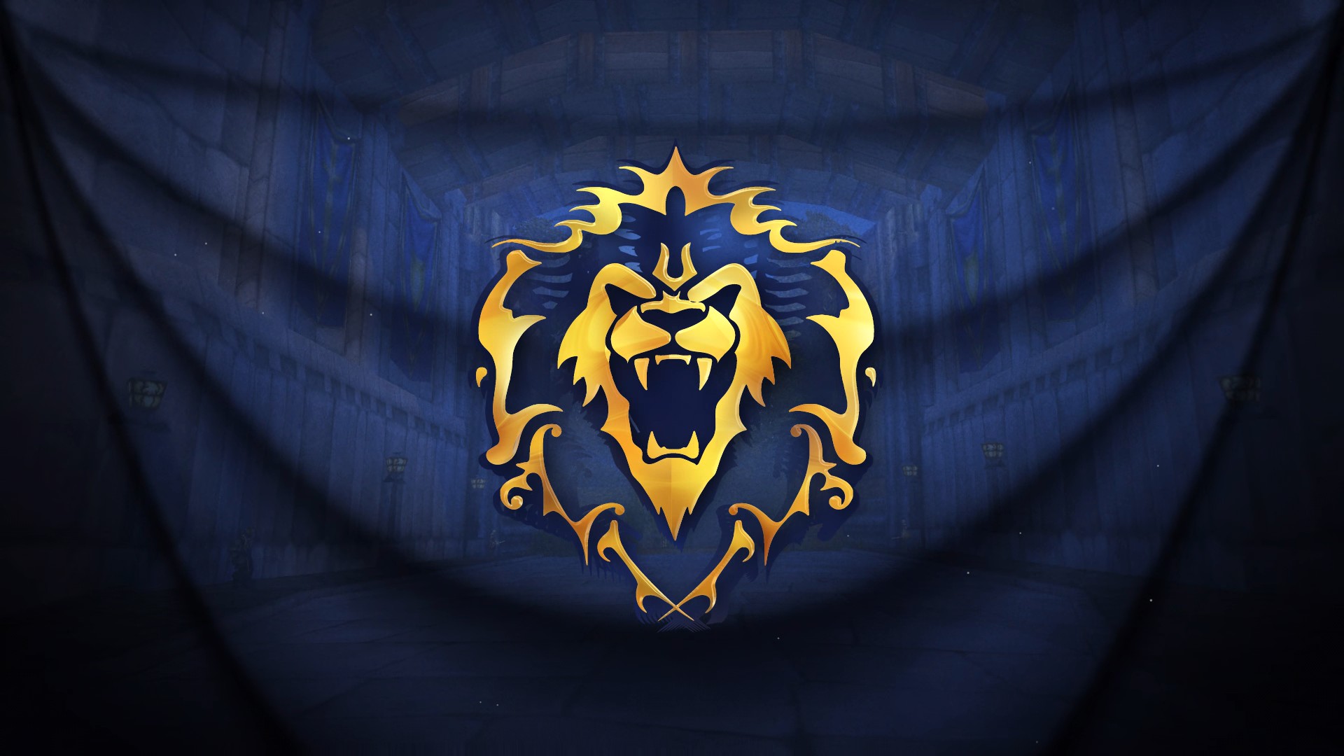 The golden Alliance lion on a blue curtain