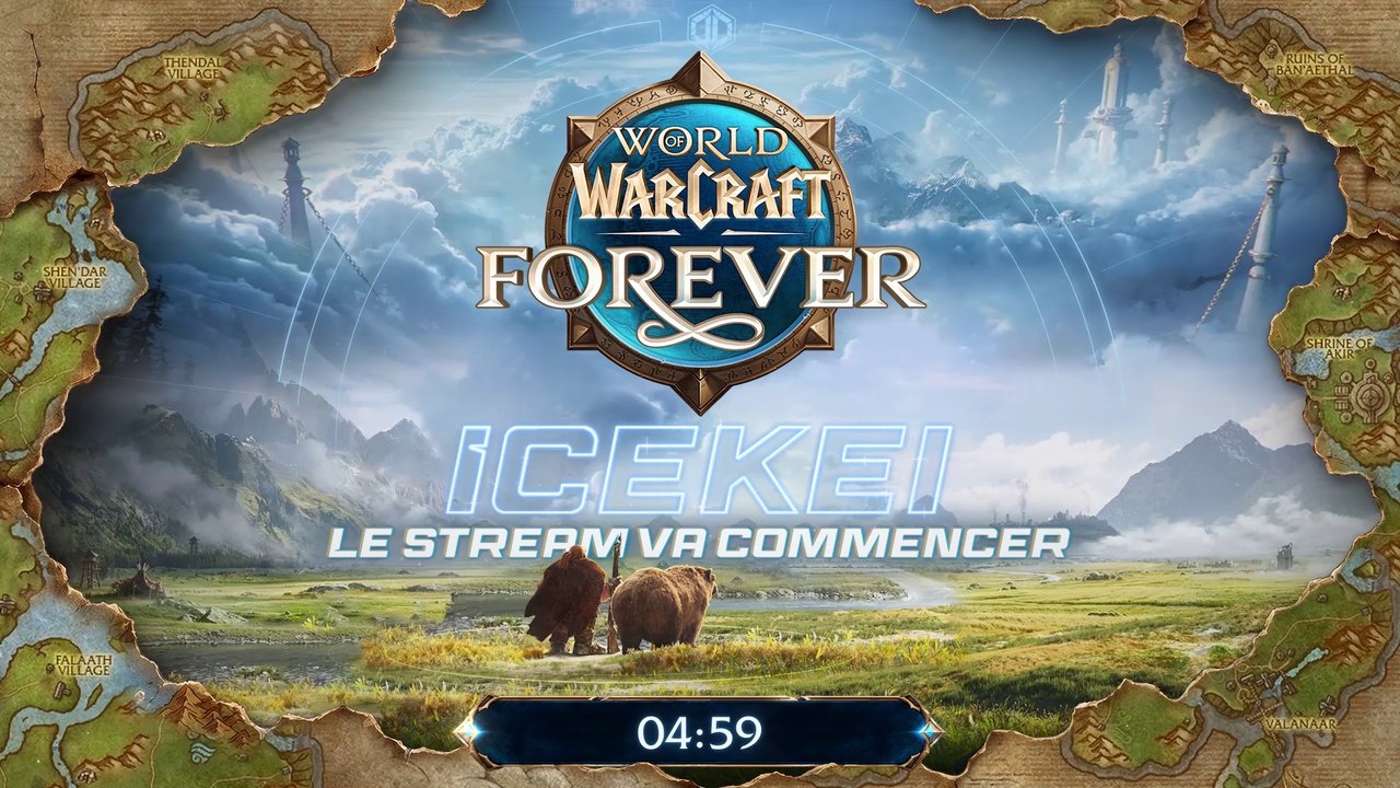 Icekei's WoW Forever starting screen: the game logo in the center, a torn parchment map framing the landscape, and the countdown
