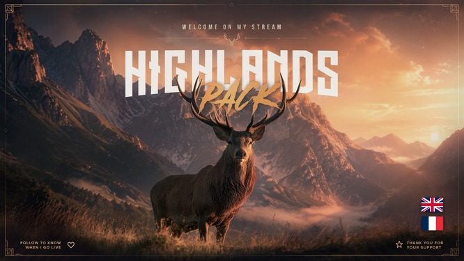 Aperçu du pack Twitch animé Highlands : un grand cerf dans une vallée de montagne au soleil couchant, versions française et anglaise