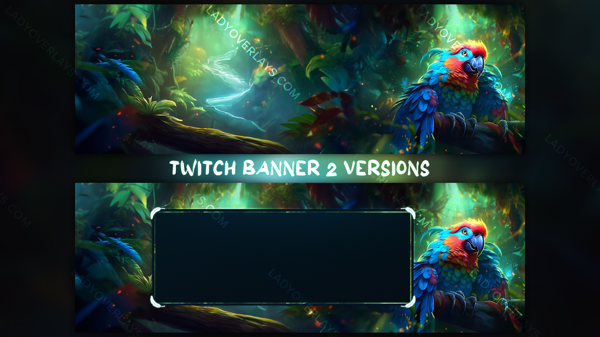 Aperçu de la bannière Twitch Jungle Parrot : deux versions d’un fond de jungle avec le perroquet, dont une avec un cadre autour des replays de la chaîne