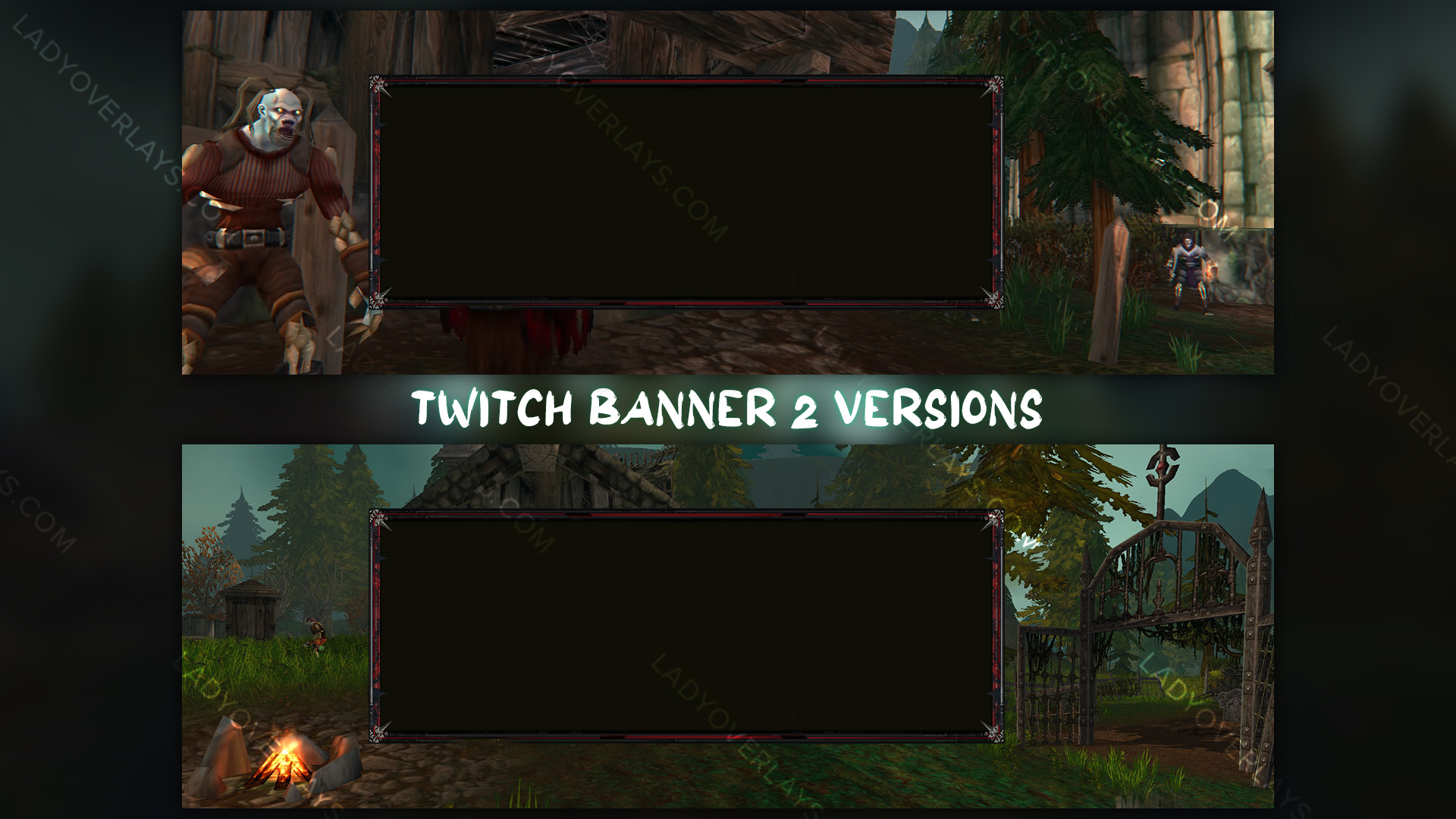 Bannière Twitch WoW Classic Hardcore Horde, village du Moulin-de-Tarren avec un Réprouvé et un cadre bordé de rouge