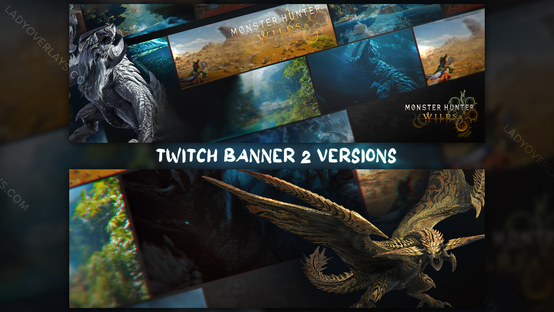 Monster Hunter Wilds Twitch banner, golden winged monster over a mosaic of the game's landscapes
