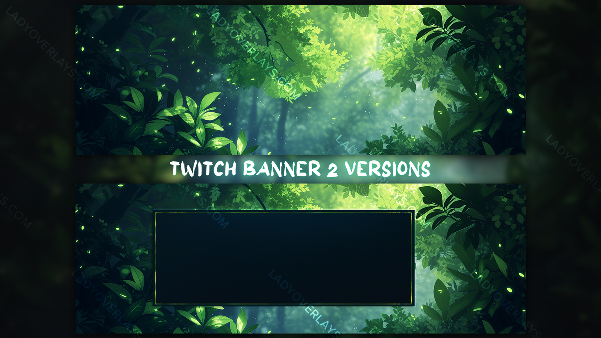 Forest Twitch banner preview showing two versions of a sunlit green forest background, one with a frame for the channel VODs