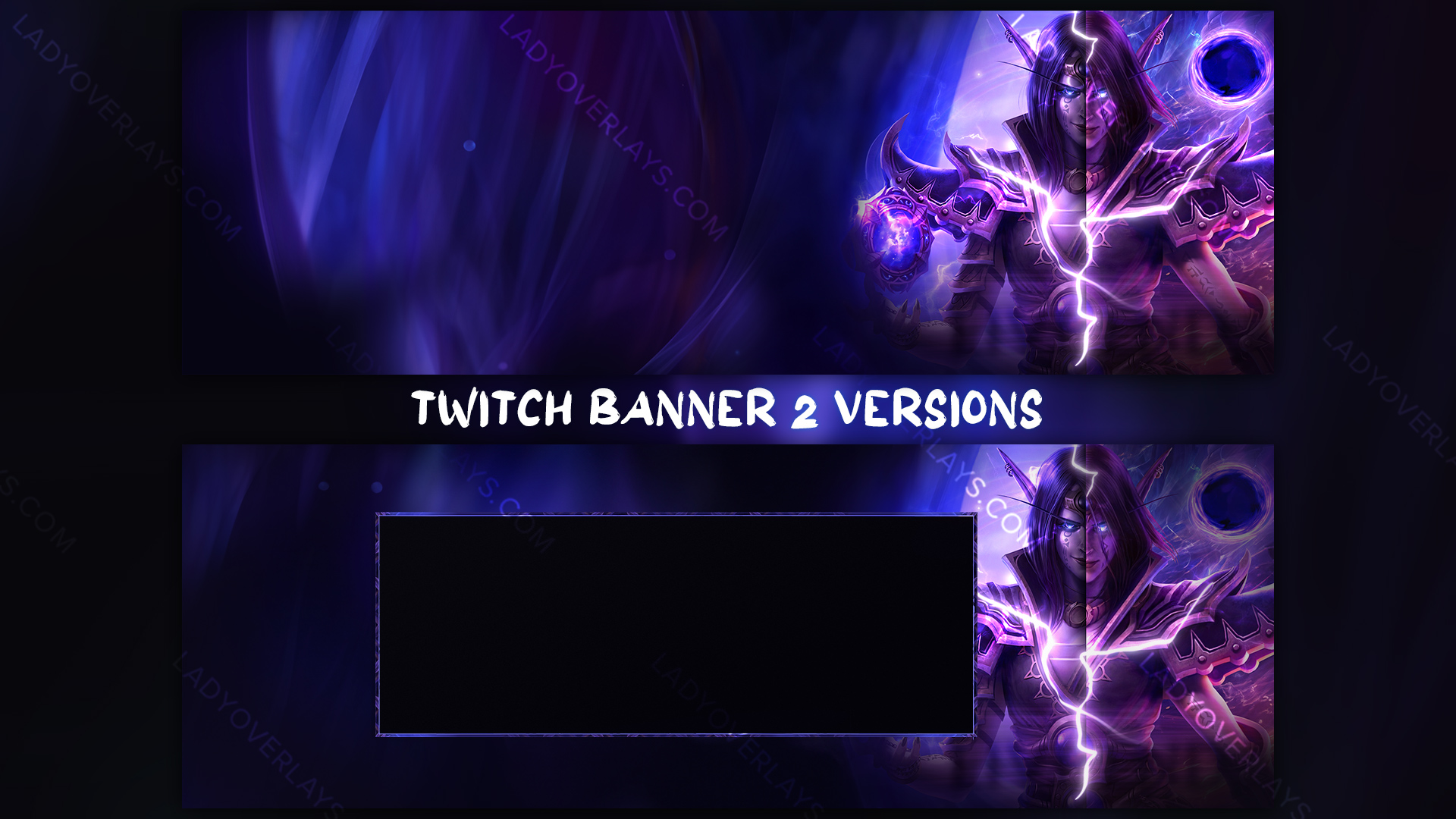 WoW The War Within Twitch banner, Xal'atath with glowing eyes split by purple lightning next to a Void orb
