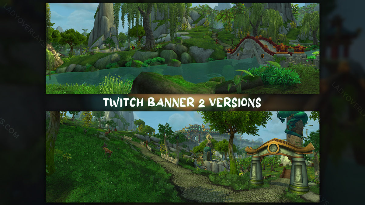 WoW Mists of Pandaria Classic Twitch banner, green Pandaria landscape with a stone bridge over a turquoise river